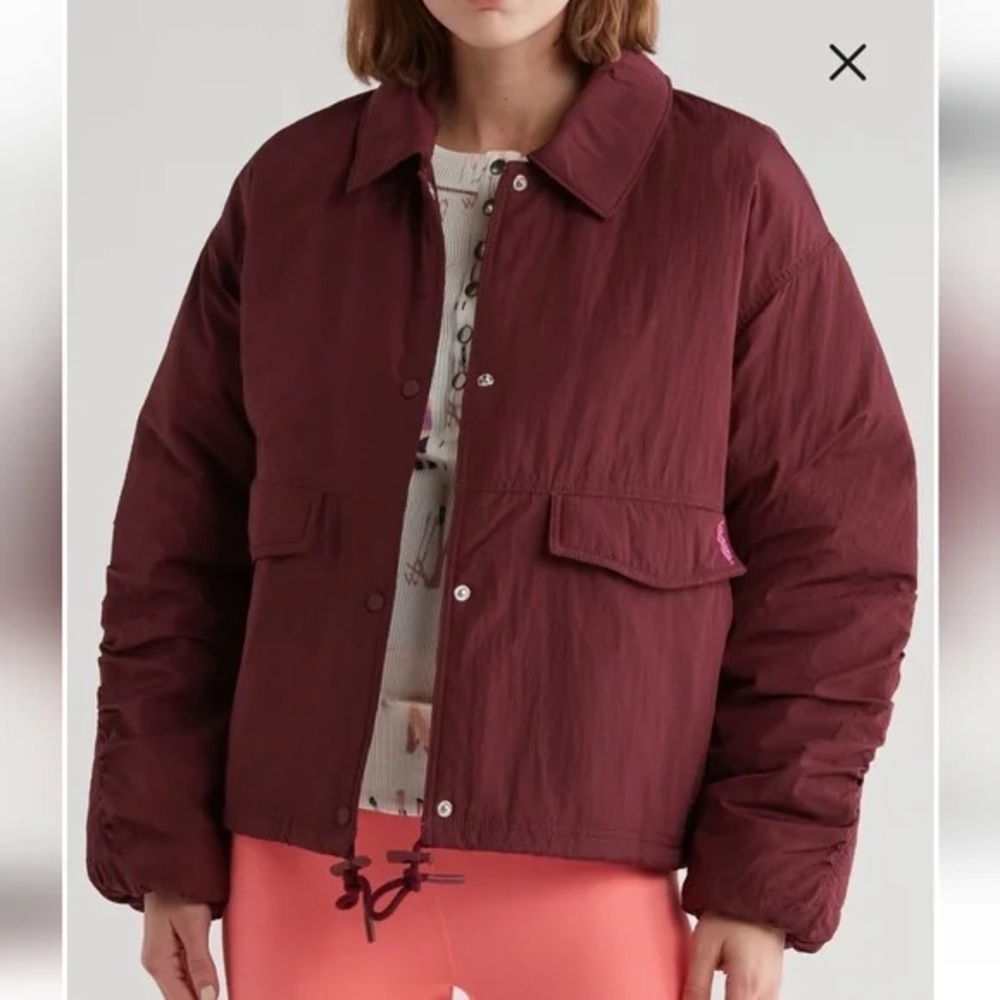 Free People Movement Off The Bleachers Coaches Jacket in a wine/maroon color (s)